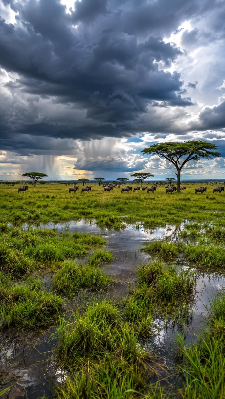 Tanzanian savannah wetland with acacia trees, grazing wildlife and storm clouds