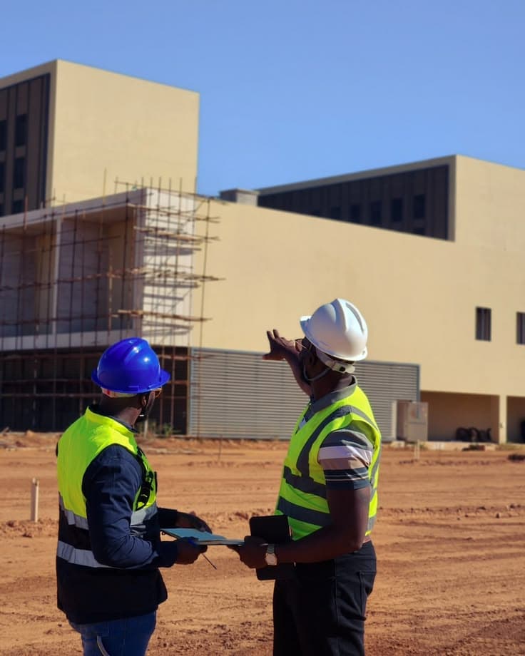 Two health and safety specialists in hard hats discussing on a construction site